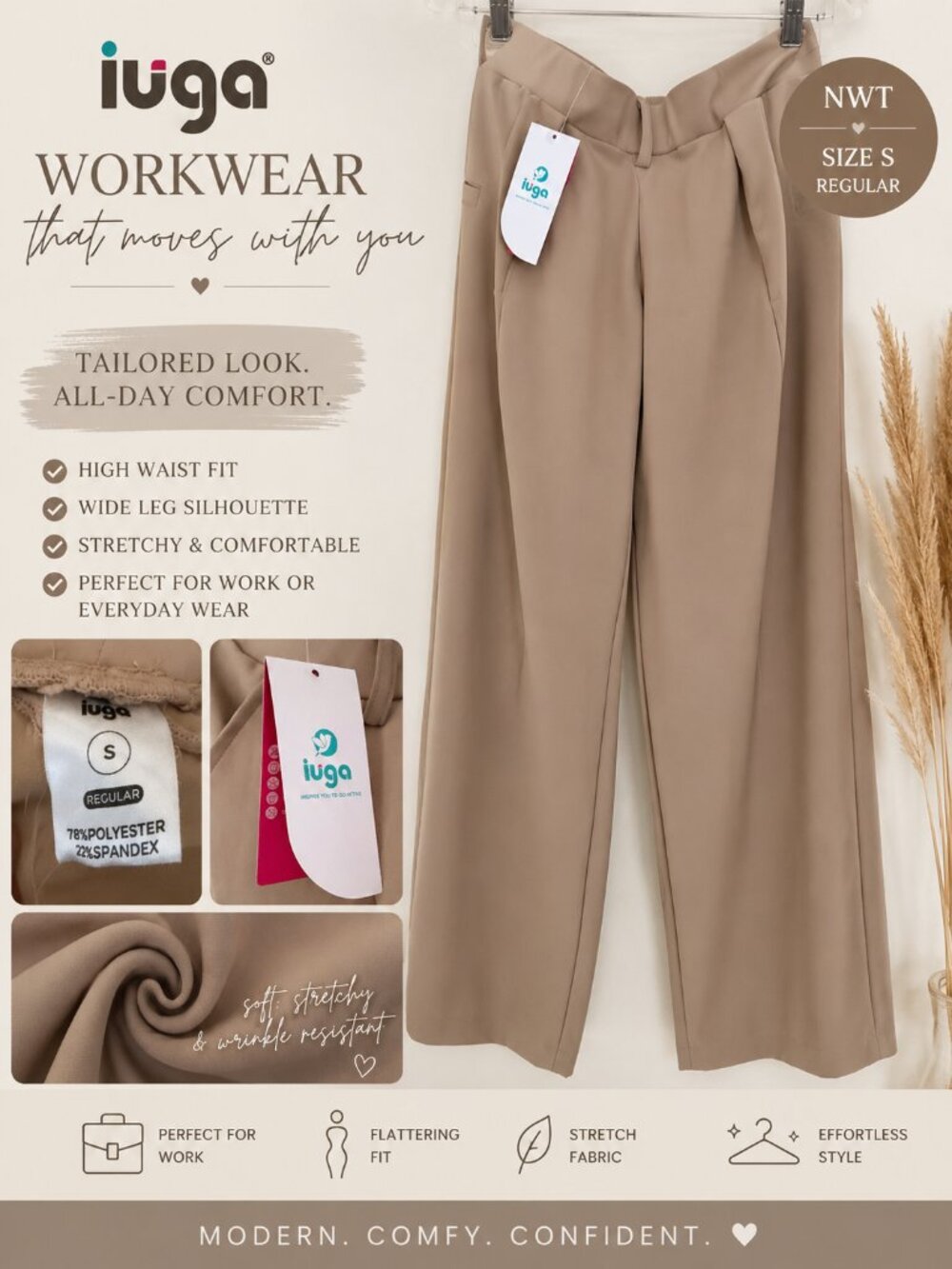 TITLE: NWT IUGA Women’s High Waist Wide Leg Work Pants Taupe Beige Size S